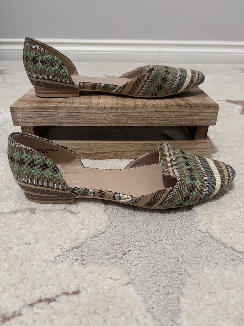 Isaac Mizrahi Green and Tan Striped D'Orsay Pointed Flats